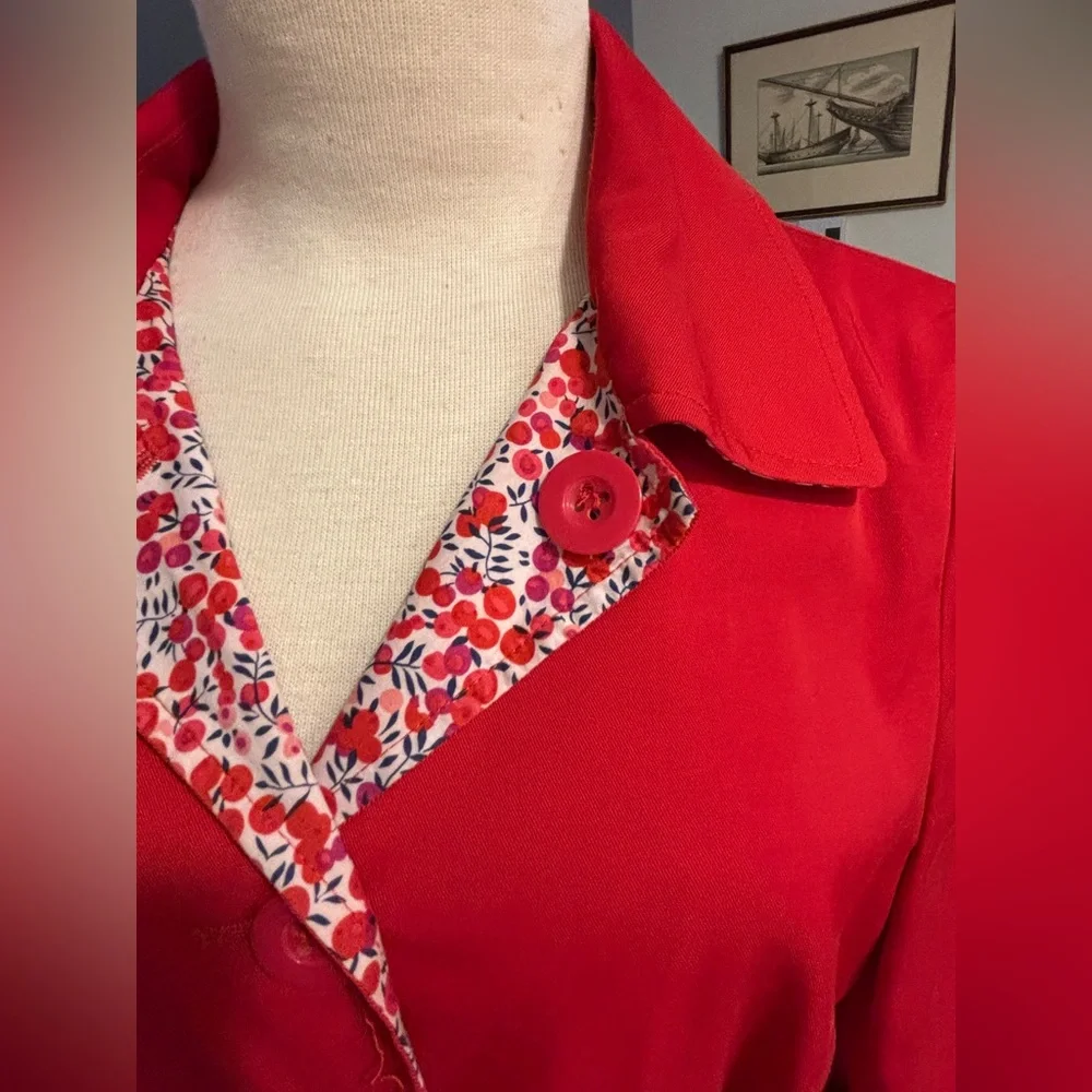 liberty Art Fabric Red Trench Coat with Floral Trim. Size M - Picture 2 of 10